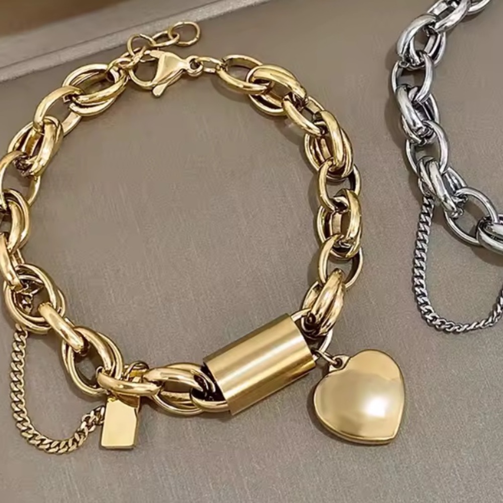 Anthropologie Chunky Gold Chain Bracelet with Heart Lock & Safety Chain - Picture 6 of 9